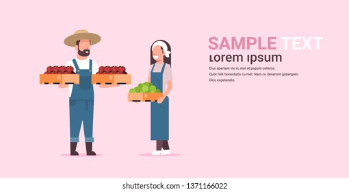 couple farmers holding boxes with red and green tomatoes man woman harvesting vegetables agricultural workers eco farming concept flat full length copy space horizontal