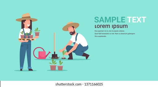 couple farmers planting young seedlings plants flowers and vegetables man woman working in garden agricultural workers eco farming concept flat full length copy space horizontal