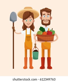 couple farmers vegetable basket shovel