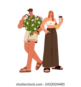 Couple in fashion summer outfit. Modern young man in shorts and woman in trendy clothes, holding takeaway cold drinks. People in stylish apparel. Flat vector illustration isolated on white background