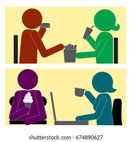 Couple in Fast Food Restaurant / Having Break for Ice Cream & Cup of Tea or Coffee at Workplace. Colorful Stick Illustration