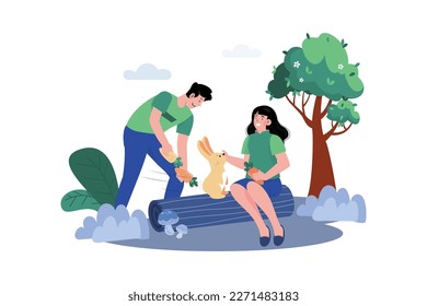 Couple Feeding Little Rabbit Illustration concept on white background