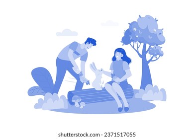 Couple Feeding Little Rabbit Illustration concept on white background