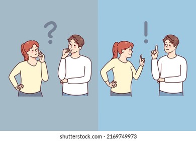 Couple Feeling Confused Thinking Of Problem Solution. Pensive Man And Woman Consider Solving Issue And Finding Answer. Teamwork Concept. Vector Illustration. 