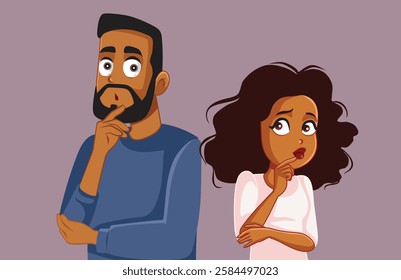 
Couple Feeling Suspicious of Each Other Questioning Loyalty Vector Cartoon. Husband and wife wondering if their relationship is based on trust