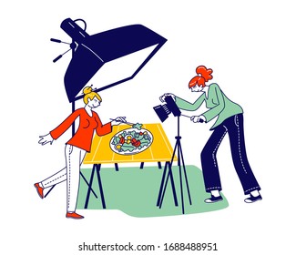 Couple of Female Characters Prepare Meal Making Professional Picture with Special Lighting Equipment and Camera in Studio or Restaurant. Food Photographer Working. Linear People Vector Illustration