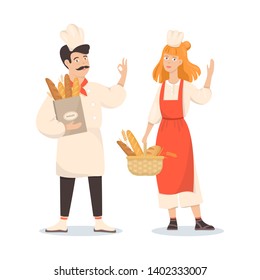 Couple of female and male baker in the uniform. People with fresh bread loaf. Grocery store worker. Isolated vector illustration in cartoon style