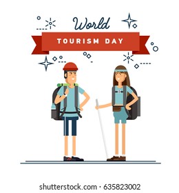 Couple of female and male character, hiking tourists walk. A young people engaged in active sport. Vector illustration of a flat design. World tourism day card
