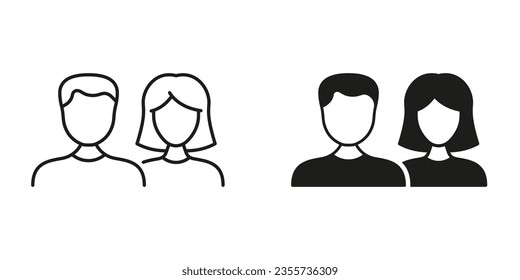 Couple of Female and Male Pictogram. Woman and Man Line and Silhouette Black Icon Set. Human Portrait. Business Staff, People Portrait Symbol Collection. Isolated Vector Illustration.