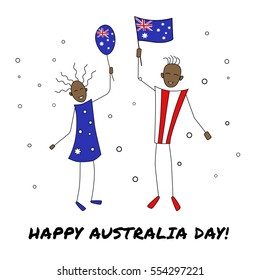 a couple of  female and male  stick people with a flag and an air balloon celebrating happy australia day; a vector illustration