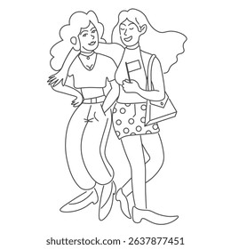 couple of female students in doodle style in vector. image for poster, sticker, postcard, invitation, banner