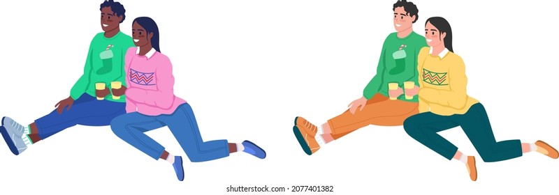 Couple at festive party semi flat color vector characters set. Sitting figures. Full body people on white. Winter isolated modern cartoon style illustration for graphic design and animation pack