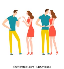 A couple fight and make peace. Man and woman shouting and hugging. Cartoon illustration for your design.