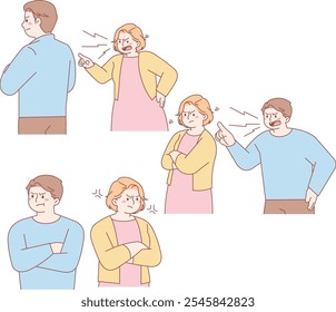 Pelea de pareja, pelea, queja, explosión, maldición, odio, divorcio, separación, pareja, regaño, irritación, incapacidad para comunicarse, personas, hombres, mujeres, Vectores, gritos, otros,
