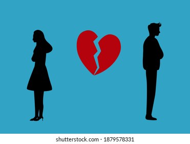 Las parejas luchan y se dan la espalda. Corazón roto. Matrimonios divorciados o fracasados.