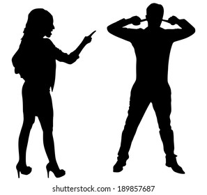 Couple fight, woman point finger, man covers ears to not listen, vector 