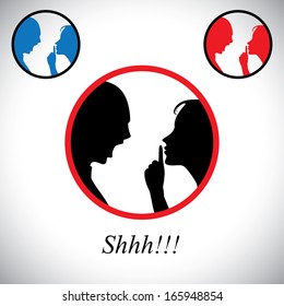 couple fighting each other with woman gesturing silence - concept vector. This graphic represents husband wife bickering, abusive partner, lover's discord, marriage problems, difference of opinion