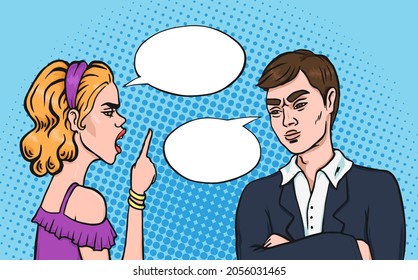 Couple Fighting with speech bubble for text, hand drawn pop art comics style vector illustration. Woman yelling on her man. Asian businessman and woman arguing