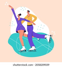 Couple figure skater isolated cartoon flat vector illustration in trendy colors. Pair figure skating. Winter sport, ice dancer, gymnast woman, championship, competition activity modern design element