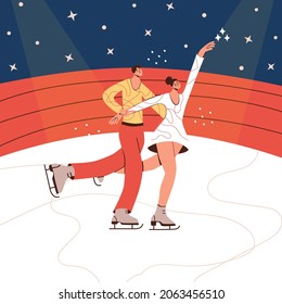 Patinador gráfico de dos figuras aislado dibujos animados de una ilustración vectorial plana en colores de moda. Patinaje artístico. Deportes de invierno, bailarina de hielo, gimnasta, campeonato, competición elemento de diseño moderno