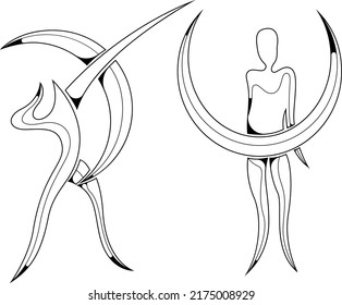 A couple of figures. Monochrome picture. Stylized characters. Antistress. Archer figure. Figure with a bowl. Imitation.