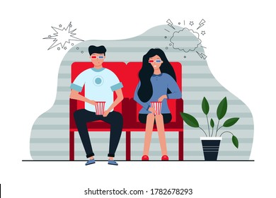 Couple, film, recreation, friendship concept. Young happy smiling man woman boyfriend girlfriend in 3d glasses and popcorn watching movie in cinema together. Leisure time entertainment illustration.