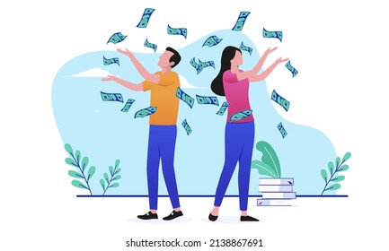 Couple with financial success - Man and woman making money and celebrating economic freedom. Flat design vector illustration with white background