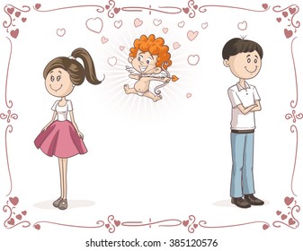 Couple Finding Love with Cupid Vector Cartoon - Vector illustration of boy and girl falling in love for the first time
