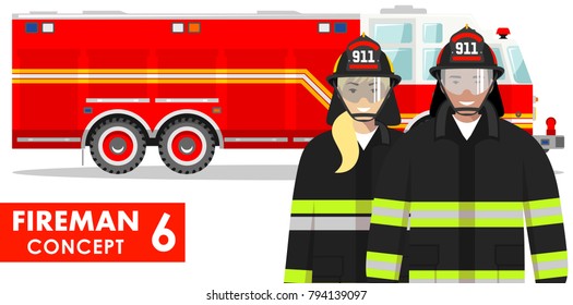 Couple of fireman and firewoman in uniform standing together on background with fire truck in flat style on white background.