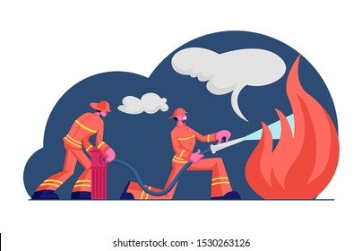 Couple of Firemen Fighting with Blaze at Burning House. Brave Male Characters Team in Firefighters Uniform and Hats Extinguish with Big Fire Spraying Water from Hose. Cartoon Flat Vector Illustration