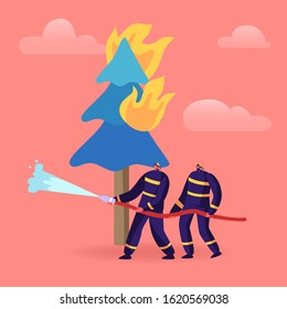 Couple of Firemen Fighting with Blaze at Burning Fir Tree in Forest. Brave Team in Firefighters Uniform and Hats Extinguish with Big Fire Spraying Water from Hose. Cartoon Flat Vector Illustration