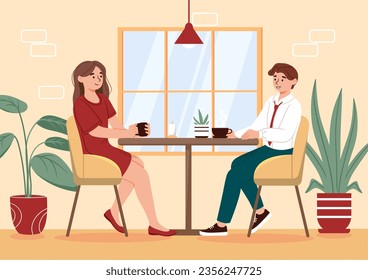 Couple at first date Konzept. Mann und Frau sitzen im Café mit Tassen Tee oder Kaffee. Liebe und Romantik. Freund und Freundin im Restaurant verbringen Zeit zusammen. Cartoon-Flavektor-Vektorgrafik