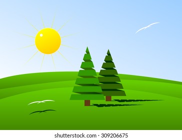 Couple of fir-trees on hills and two white birds