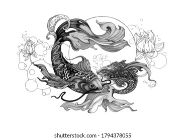 A couple of fish swimming in the sea, followed each other. There's a lotus plant and air babbles floating near them .