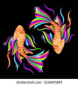 couple fish swimming together  symbolizing yin   yang pisces zodiac  character illustrations and colorful drawing wpap style  for printing t  shirts  tattoo  mascot  logo  poster 