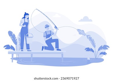 A couple fishes in a nearby lake in the morning.