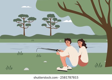 Couple fishing around the river. Countryside park. People fishing. Sitting in the park. Bushes. Trees. Grass. River. Catching fish. Children book cover.