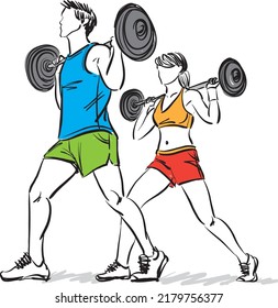 couple fitness gym concept strong woman men vector illustration