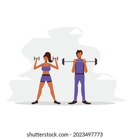 Couple fitness gym sport with lifting a heavy weight barbell and dumbbell, Young holding a barbell in the gym illustration.