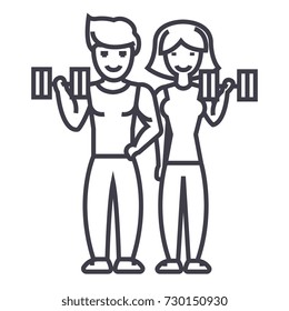 couple in fitness gym vector line icon, sign, illustration on white background, editable strokes