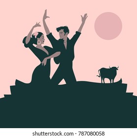 Couple of flamenco dancers dancing "sevillanas", typical Spanish dance. Bull, moon or sun in the background.