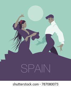 Couple of flamenco dancers dancing "sevillanas", typical Spanish dance. Handsome man and beautiful long hair woman. Moon in the background.