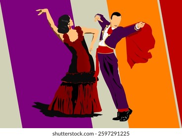 Couple of flamenco dancers performing a traditional spanish dance, wearing elegant costumes on a vibrant, colorful background. Hand drawn illustration