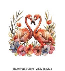couple flamingo with flowers vector illustration in watercolor style