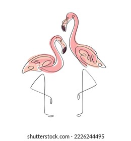 Couple of flamingo, loving couple. One line drawing of exotic flamingo. Decorative element in outline style for greeting card and invitation.