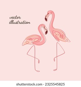 Couple of flamingo, loving couple. One line drawing of exotic flamingo. Decorative element in outline style for greeting card and invitation.