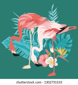 Couple of flamingo standing on tropical leaves