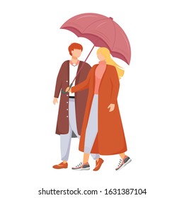 Couple flat color vector faceless characters. Rainy weather. Autumn wet day. Man and woman with umbrella. Walking family in coats isolated cartoon illustration on white background