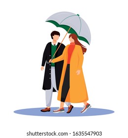 Couple flat color vector faceless characters. Rainy weather. Wet day. Romantic relationship. Man and woman with umbrella. Walking family in coats isolated cartoon illustration on white background