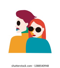 Couple flat design vector isolated on white, red hair woman, man with a moustache, hispter boyfriend and girlfriend